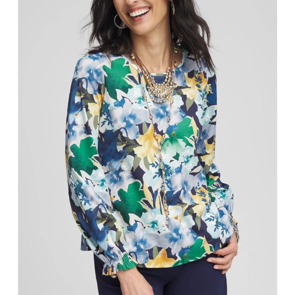 Chico's Floral Crew Neck Long Sleeve Ruffle Cuffs Top 3 / XL Multicolor New